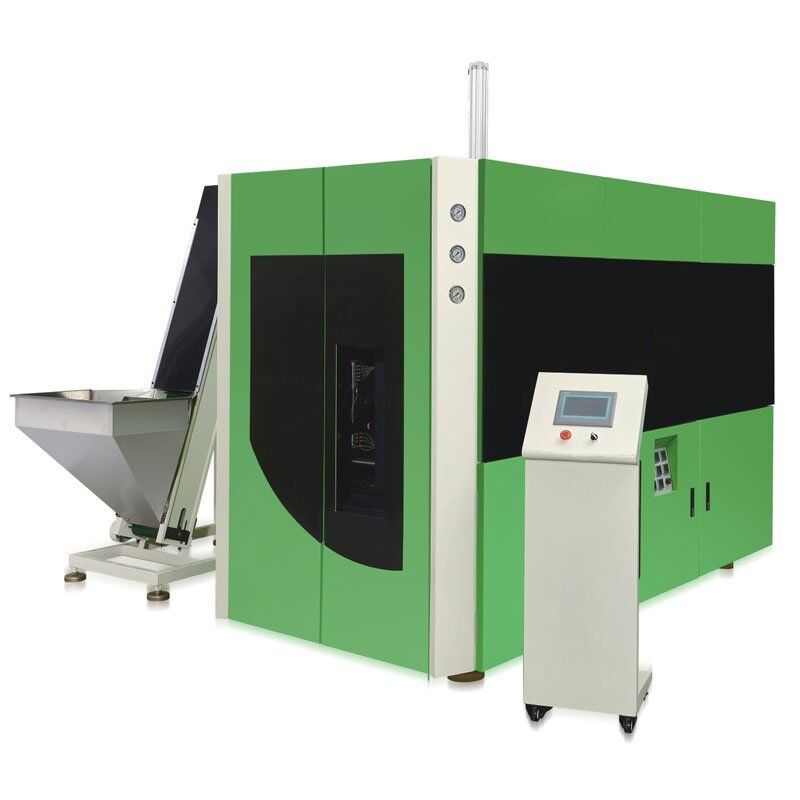 Automatic PET bottle blowing machine with preform hopper and touch-screen control cabinet