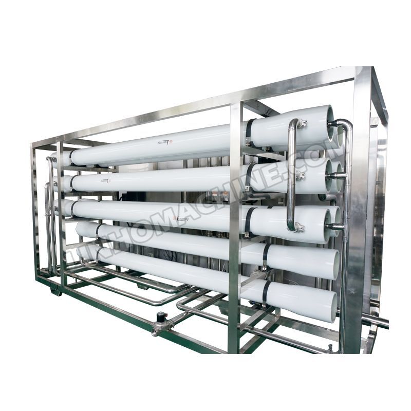 Reverse osmosis water treatment plant with stainless steel tanks and membrane housings